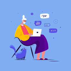 Coronavirus Epidemic Quarantine Pandemic.Novel COVID 2019.Pensioner in Medical Face Mask, Virtual Chat Correspondence.Internet in Laptop