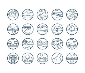 Naklejka premium Landscapes line style icon set vector design