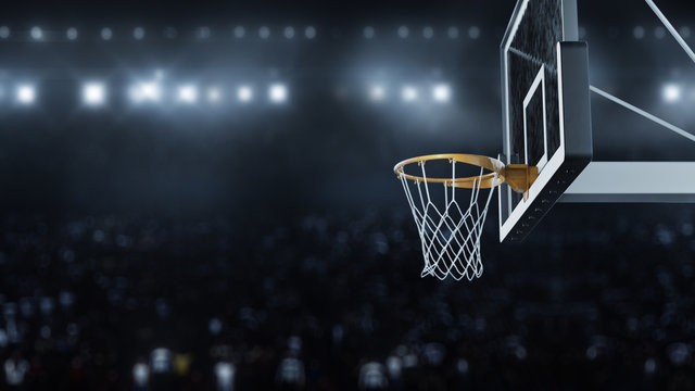 3d render Basketball hit the basket on the background of flashes of cameras