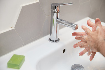 Wash hands instructions of washing or cleaning hands with soap and foam in water antibacterial set of healthy skincare with bubbles 