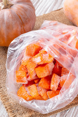 Frozen pumpkin in a plastic bag