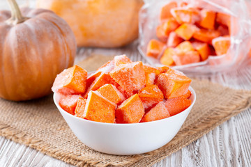 Sliced frozen pumpkin in a bowl