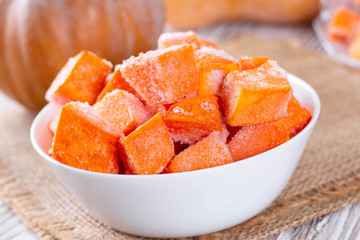 Sliced frozen pumpkin in a bowl