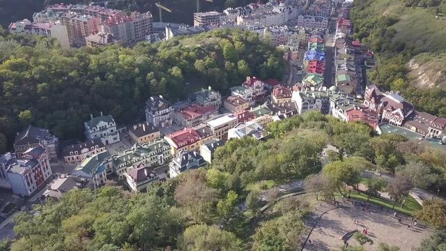 Aerial view to Vozdvizhenka microdistrict part of hystorical and touristic Podil region of Kyiv. Famous touristic spot in Kiev, Ukraine