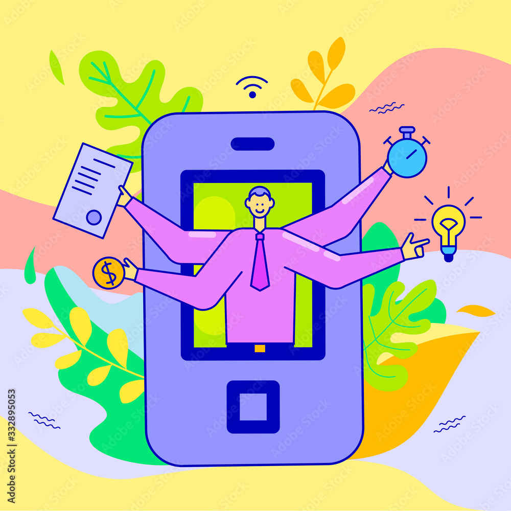 Poster concept banking banner with character multitasking man. digital vector illustration of app screen an