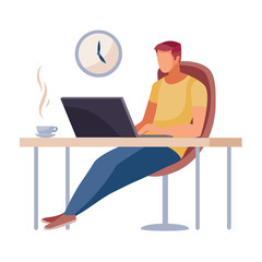 a man sits in a working chair at a table and works on a laptop, there is a cup with koi on the table, a clock hangs on the wall, work, freelance, vector illustration, eps