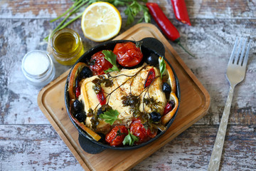 Selective focus. A pan with baked feta cheese. Keto lunch. Healthy food. Baked feta cheese.