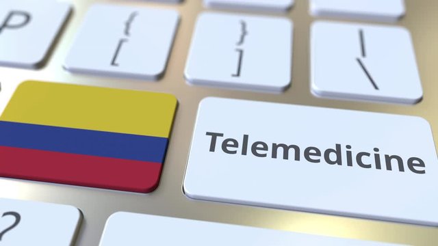 Telemedicine text and flag of Colombia on the computer keyboard. Remote medical services related conceptual 3D animation