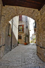 A narrow street between the old houses of the medieval village of Oratino, in Italy.