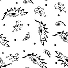 Vector graphics. Seamless pattern with a decorative image of the eye, curl, bowl. Black and white drawing.