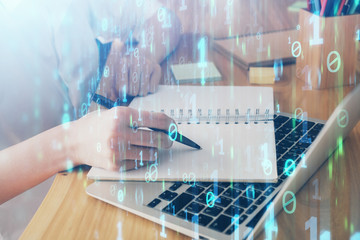 Multi exposure of woman's hands on background with technology and digital coding icons. Data development concept.