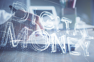 Cryptocurrency hologram, bitcoin, ico theme over hands taking notes background. Concept of blockchain. Multi exposure