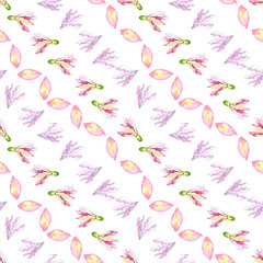 Fototapeta premium Seamless pattern of watercolor spring flowers and ceiba tree petals. White background.