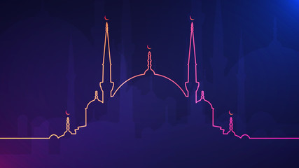 Eid Mubarak abstract light background with glowing neon colored mosque silhouette