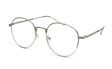 Modern silver nerd glasses with metal frame. Isolated object on white background.