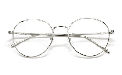 Modern silver nerd glasses with metal frame. Isolated object on white background.