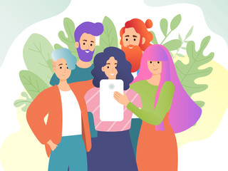 Friends meting and make selfie. Banner with character of men and women. Take a photo. Digital web concept in cartoon style. Colorful creative poster for web and icon. Vector illustration.
