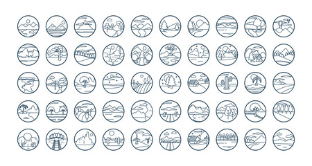 Landscapes line style icon set vector design