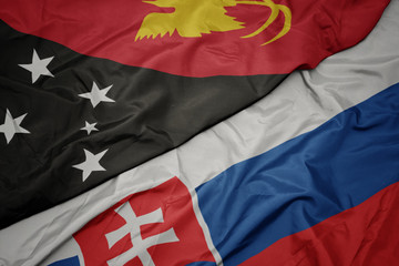waving colorful flag of slovakia and national flag of Papua New Guinea .