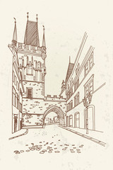 vector sketch of Lesser Town Bridge Towers on Charles Bridge and Prague castel. Prague, Czech Republic, Bohemia.