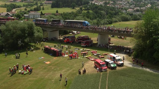 big trafic bus accident with police firedepartment and ambulance on the spot
