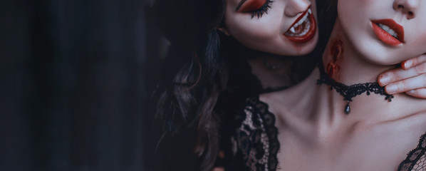Artwork close up portrait evil medieval vampire woman bites tender cute girl princess. Drop blood...