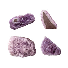 Set Amethyst stones with crystals. Purple color Rocks slice stock photo isolated on white...