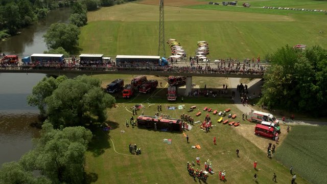 traffic accident of a bus as a training mission for firefighers policemen and paramedics