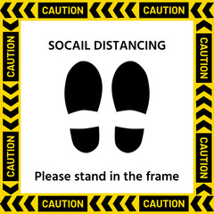 Symbol of The standpoint in a yellow frame with the text  According to the concept, stop the spread of germs by making a social distance.