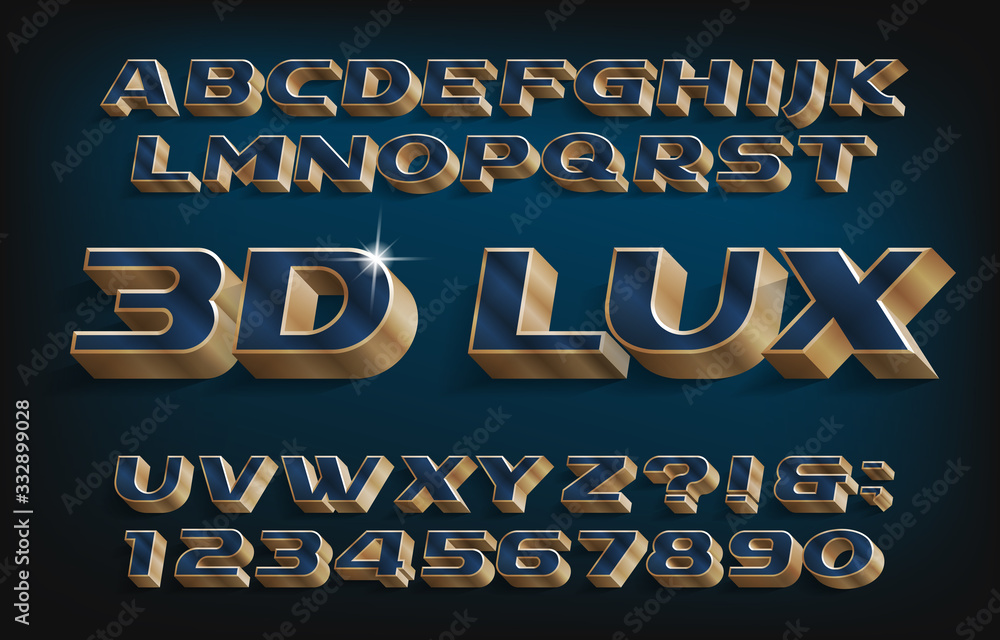 Fototapete 3d lux alphabet font. blue and golden letters and numbers. stock vector typescript for your typograp