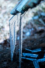 Frozen water icicle on a background of winter spring time.