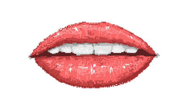 Vector pixel art lips. Colored red mouth. Pixelated isolated object.
