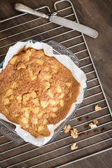 Apple sponge cake, walnuts, flour, sugar, oil and raisins. Delicious homemade dessert.