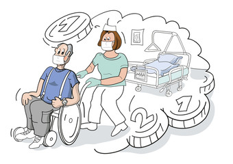 Eine Vektorgrafik in Ebenen zur Kostenexplosion in der Krankenpflege zeigt eine Krankenschwester mit Patient im Rollstuhl