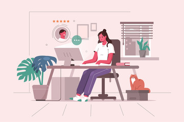 Woman Working at Home Office. Character Sitting at Desk in Cozy Room, Looking at Computer Screen and Talking with Colleagues Online. Home Office Concept.  Flat Cartoon Vector Illustration.