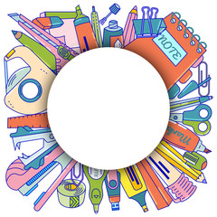 Back to school concept banner, flyer and poster with school supplies: note, pen, elastic, eraser, marker, staple remover. Educational items for school. Colorful line in circle. Vector illustration.