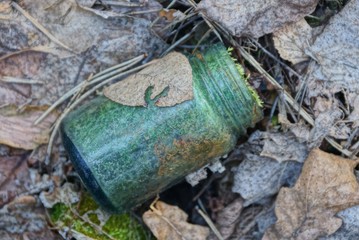 garbage from one old green glass jar among dry gray leaves in nature