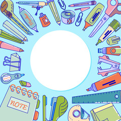 Back to school concept pattern banner, poster with school supplies: note, pen, elastic, eraser, marker, staple remover. Educational items for school. Colorful line in circle. Vector illustration.