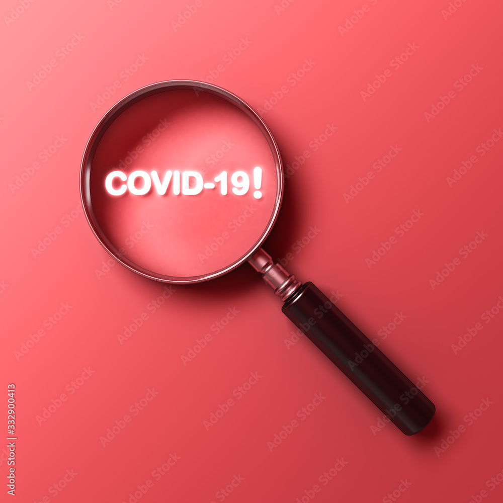 Poster magnifying glass with neon light covid-19 text isolated on red pastel color background with shadow 3