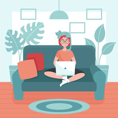 Young woman with laptop sitting on a sofa. Concept of freelance, telework, distance job,temporary isolation. Prevention of coronavirus. Stay at home. Flat vector illustration.