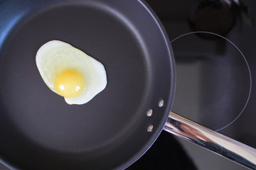 One egg frying on the hot pan, top view