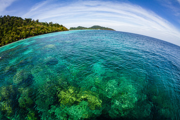 Crystal clear transparent waters in paradisiacal Ko Rok island  in the andaman coast, Thailand. Fish eye lens