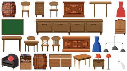 Large set of wooden furnitures on white background