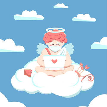 A cupid freelancer in a medical mask sits on a cloud in quarantine paradise and works on a laptop, orders goods, and works remotely. Arrows and bow deferred. Stay home. Online dating site.
