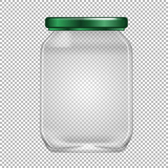 Empty glass jar with green lid on transparent background
