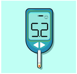 Glucometer, test strip. Label, flat icon, medical equipment. Diabetes