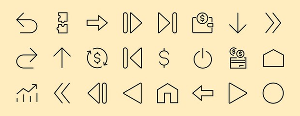 Set of line arrows, directions, arrows, contains icons such as pause, continuation, directly, to the right, Editable stroke. 480x480, On a white background, Vector illustration