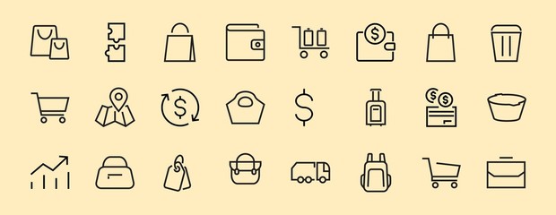 Fototapeta na wymiar A simple set of bags, shopping and travel icons. Vector illustration Contains icons such as Card, wallet, shopping basket, discount, bowl, package. On a white background, editable stroke.