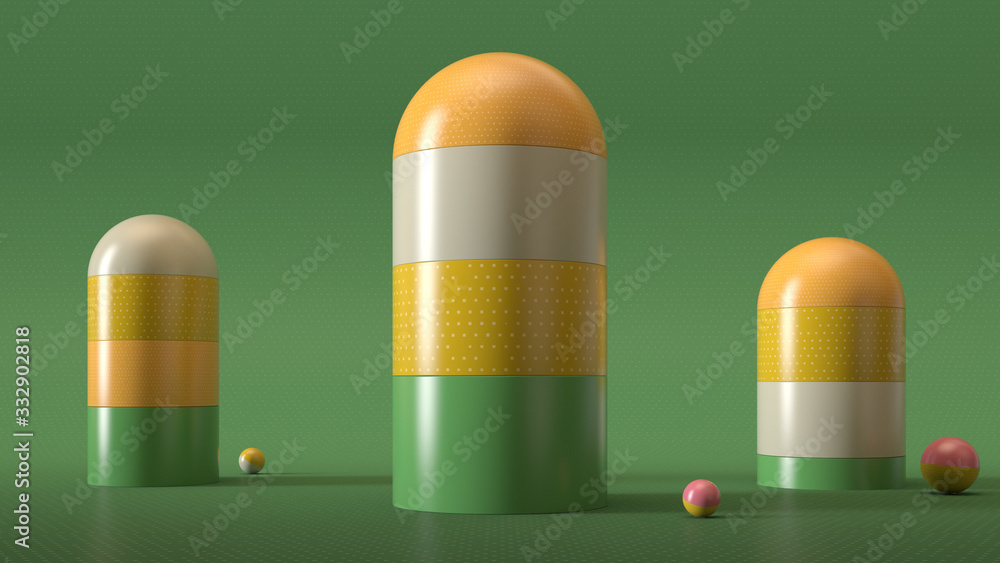 Poster 3d render background with random simple geometry shapes. soft light, roughness surfaces. vertical cy
