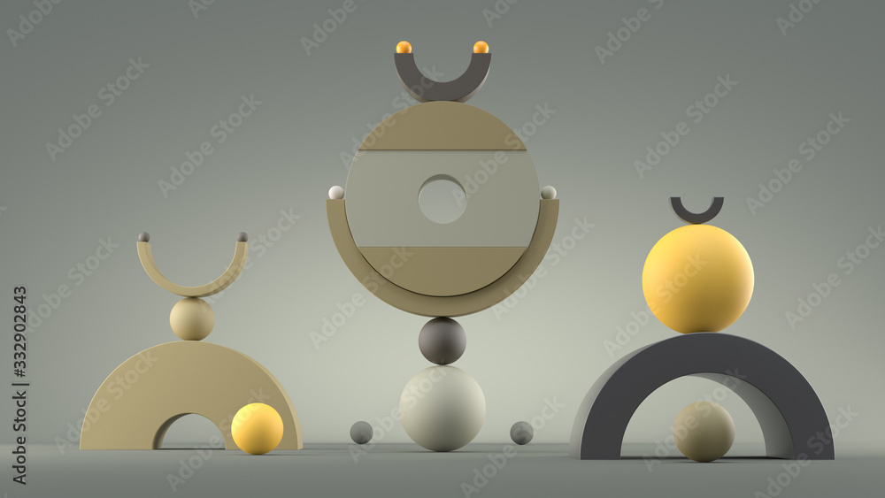 Poster 3d render background with random simple geometry shapes. soft light, roughness surfaces. pastel calm